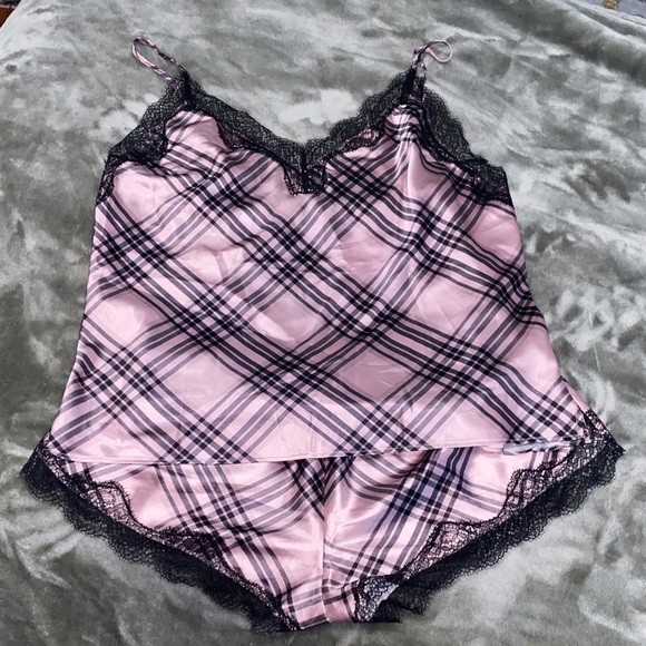 Victoria's Secret Other - Victoria's Secret Pink Plaid  Sleepwear with Black Lace trim